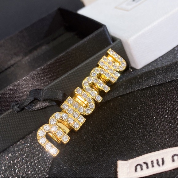 Miu Miu Gold Crystal Logo Hair Clip